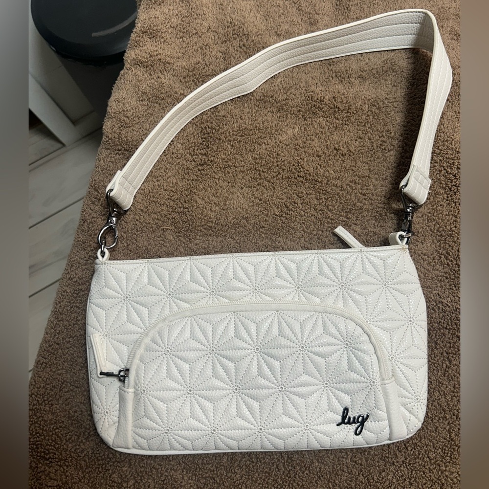 LUG “Flyer” ivory faux quilted leather vegan shoulder bag. New no tags